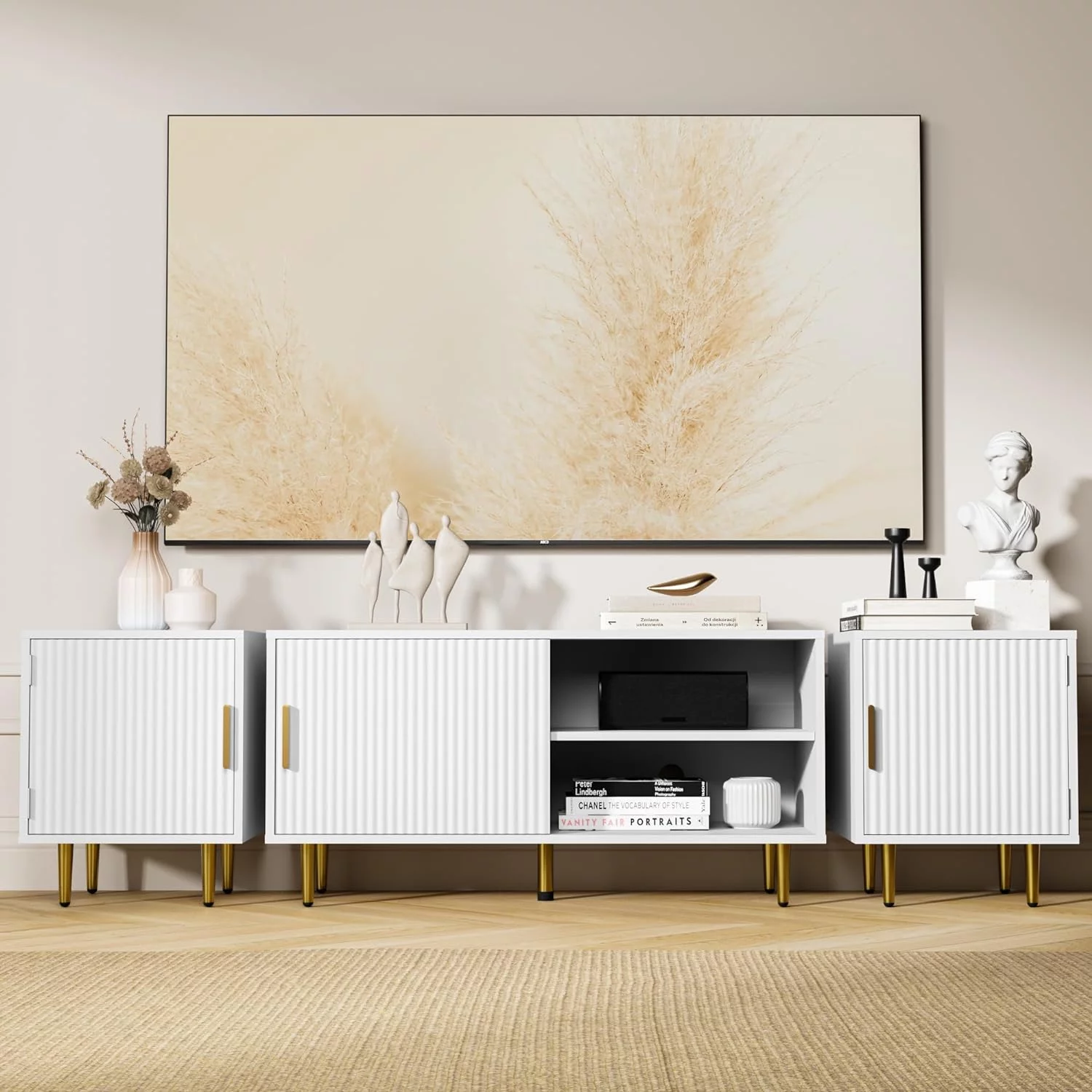 Cozy Castle 70" TV Stand for 50/60/70/80 inch TV, Modern Entertainment Center for Up to 80" TV, TV Media Stand with Storage Cabinet, TV Console with Gold Legs for Living Room, Bedroom, White