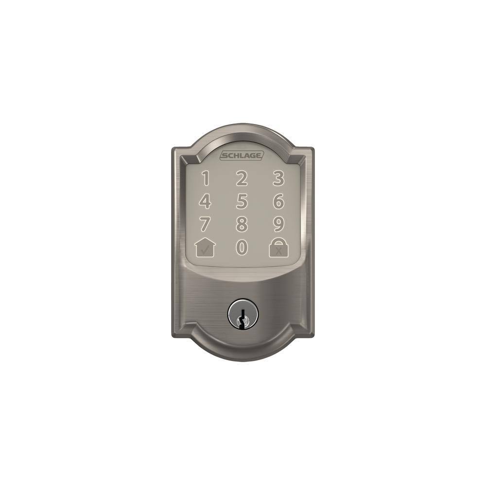 Schlage Camelot Encode Smart WiFi Door Lock with Alarm and Accent Lever Handleset in Satin Nickel
