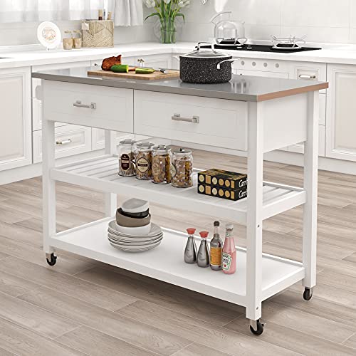 RASOO Kitchen Island Cart on Wheels Trolley White Stainless Steel Top Rolling Kitchen Island Cart with Open Shelves and One Big Drawer Towel Rack Kitchen Island Cabinet with Lockable wheels, 39.37"x18.5"x35.83"(LxWxH）