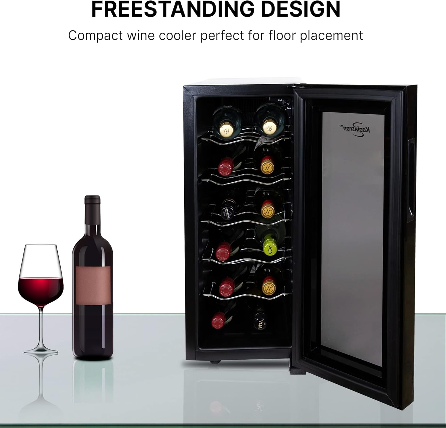 Koolatron 12 Bottle Wine Cooler, Black, Thermoelectric Wine Fridge, 1 cu. ft. (28L), Freestanding Wine Refrigerator, Red, White and Sparkling Wine Storage for Small Kitchen, Apartment, Condo, RV