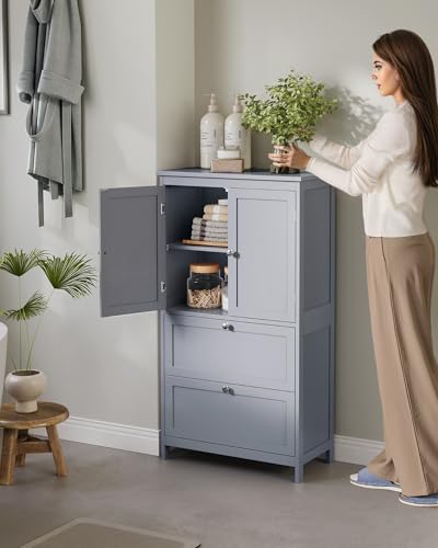 VASAGLE Bathroom Floor Storage Cabinet, Bathroom Storage Unit, Freestanding Cabinet with 4 Doors, Adjustable Shelves, 11.8 x 23.6 x 43.3 Inches, Forest Green UBBC552C01