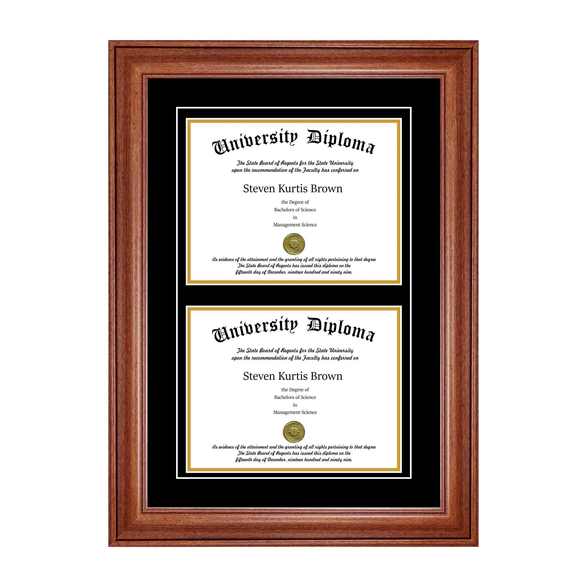 Perfect Cases and Frames Double Diploma Frame with Double Matting for 8.5x22 x 11x22 Tall Diploma with Walnut 2x22 Frame