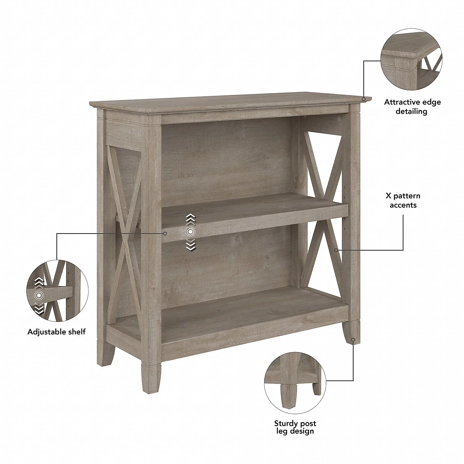 Bush Furniture Key West Small 2 Shelf Bookcase, Washed Gray