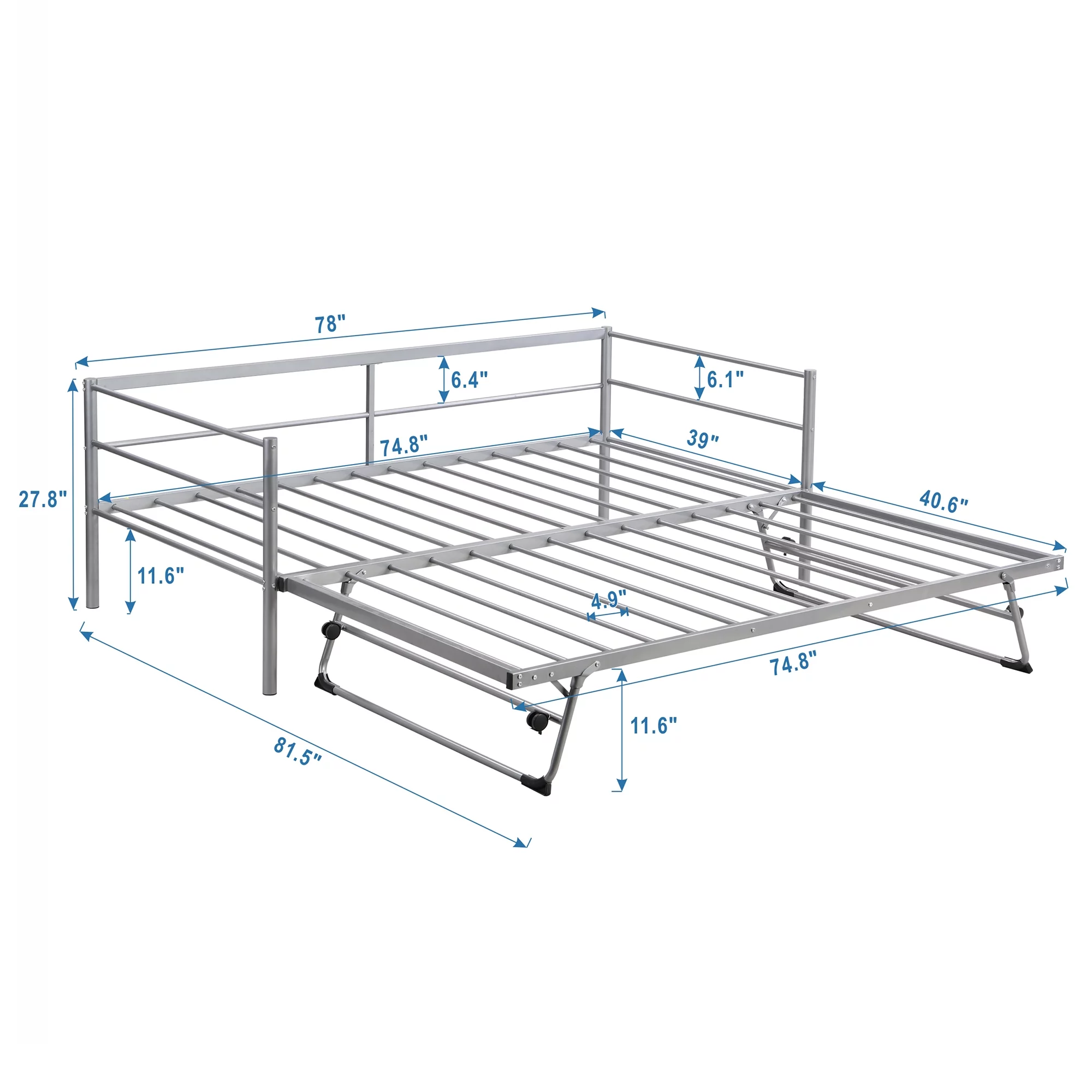 Euroco Metal Twin Size Platform Bed, Convertible Daybed with Trundle Bed, Pop Up Trundle for Guests and Extra Storage, Silver