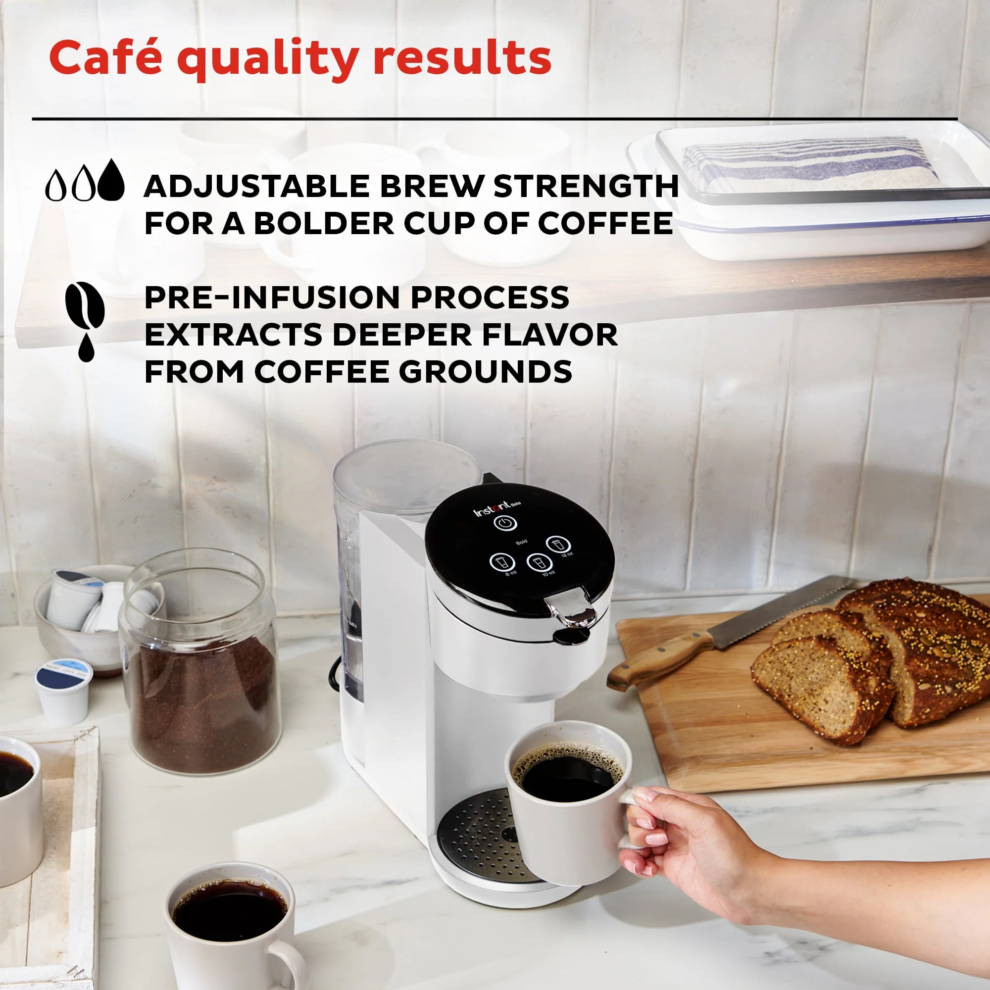 Instant Solo 2-in-1 Single Serve Coffee Maker for Ground Coffee or K-Cup Pods with 3 Brew Sizes, Maroon Red