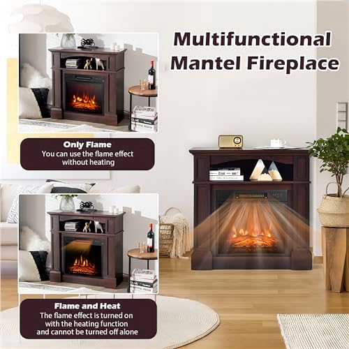SIMOE 32 Inch Electric Fireplace, 1400W Freestanding Fireplace Heater w/Remote Control & Adjustable 3D Flame Effect, Indoor Fireplace Mantel for Living Room, Bedroom