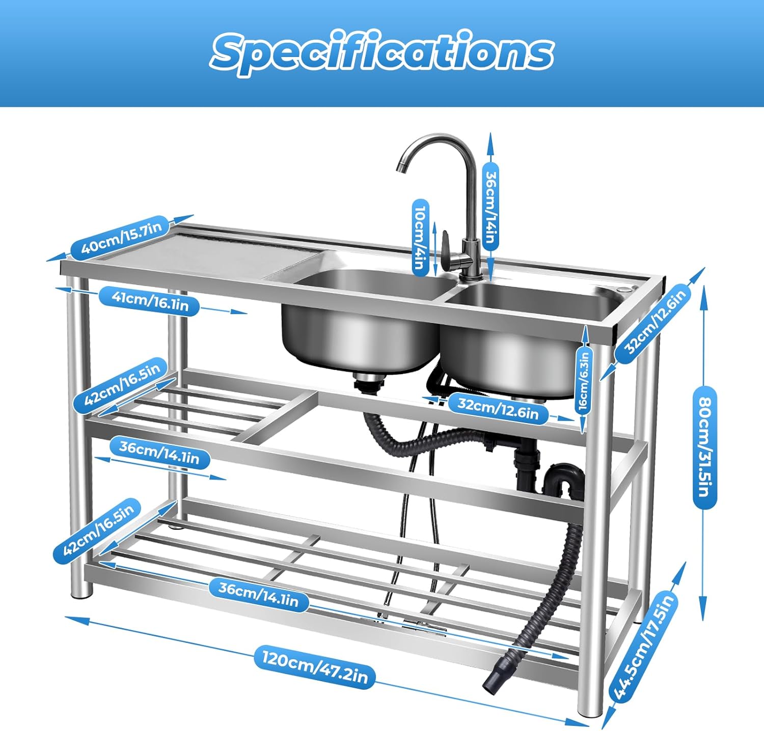 Commercial Stainless Steel Sink Free Standing Utility Sink 2 Compartment Commercial Restaurant Kitchen Sink w/Workbench Outdoor Utility Sink for Garage Restaurant Kitchen 47.2x17.5x31.5in