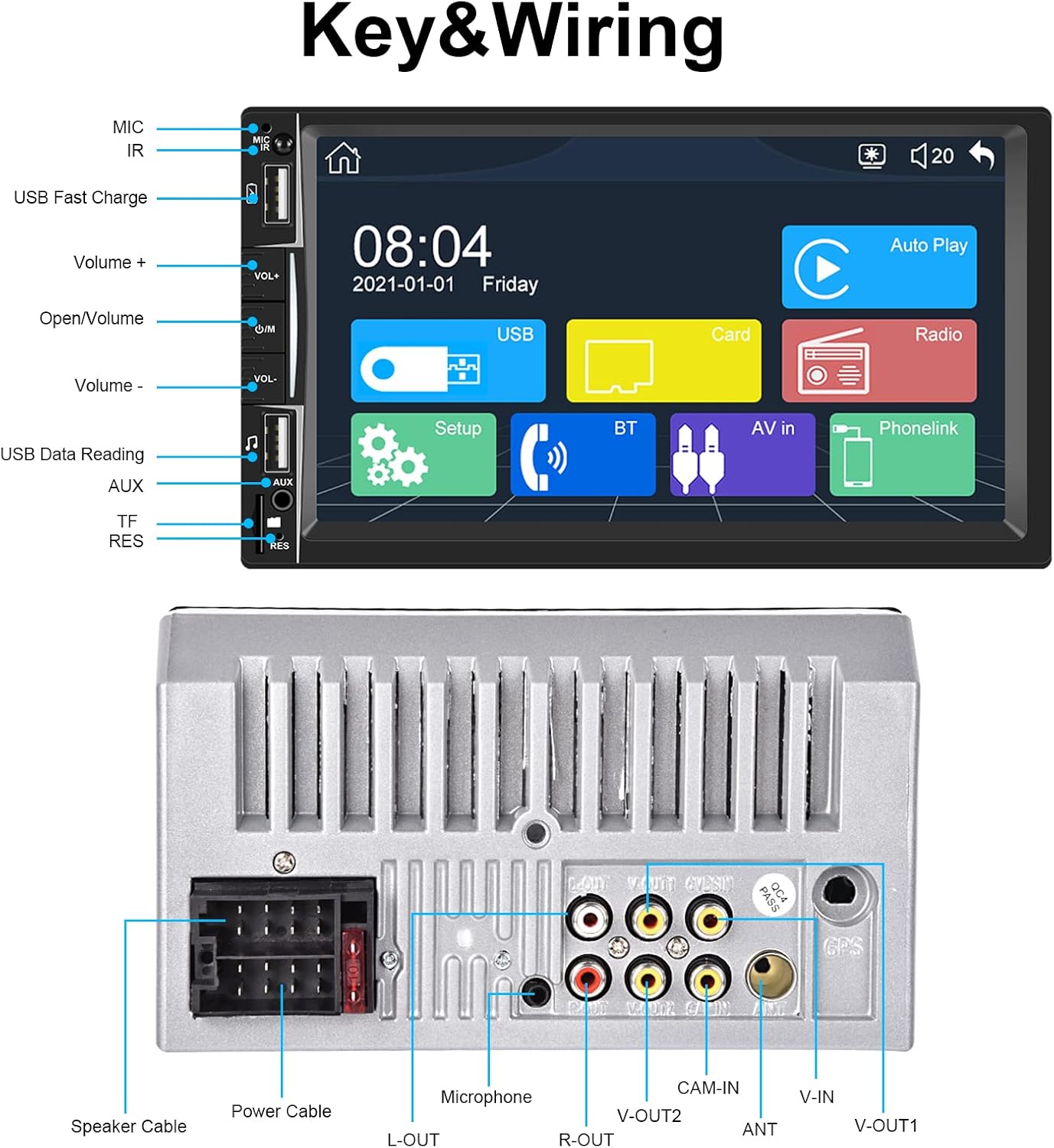 EKAT Double Din Car Stereo Radio Compatible with Caplay and Android Auto, 7 inch Touch Screen Car Multimedia MP5 Player with Bluetooth FM TF AUX-in USB Fast Charge Port SWC + AHD Backup Camera