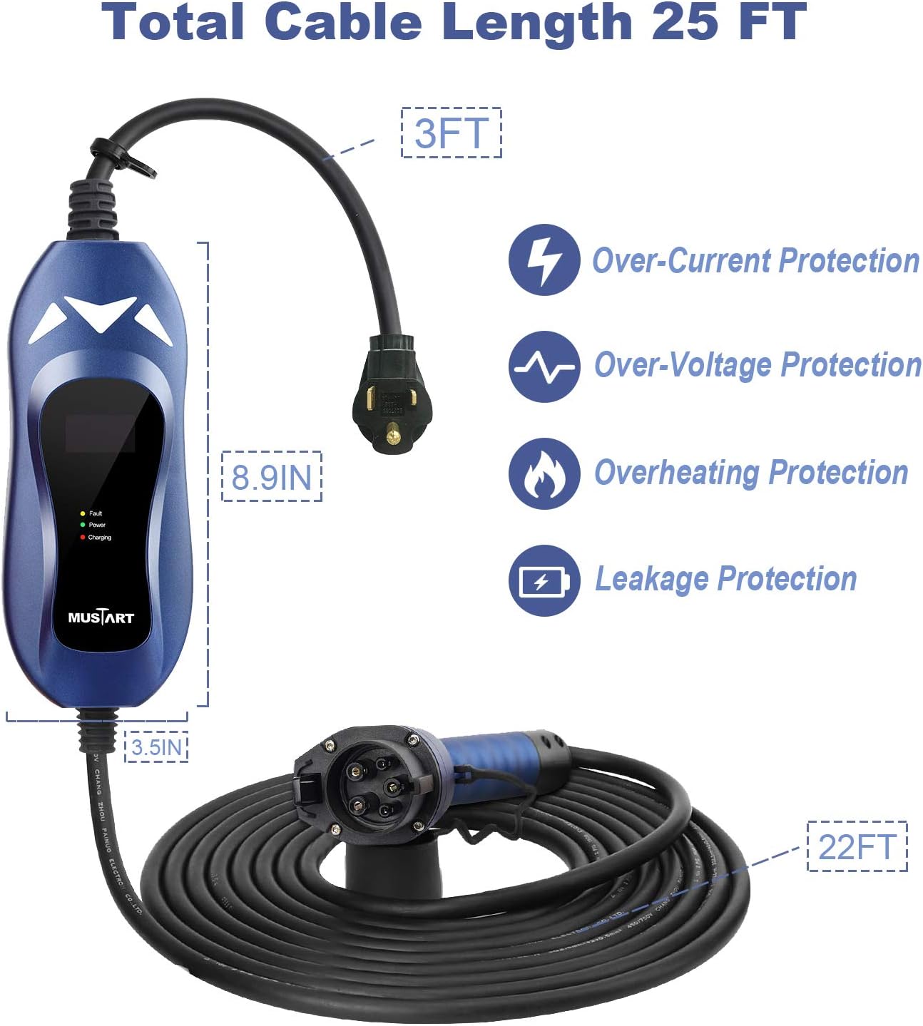 MUSTART Level 2 Portable EV Charger (240 Volt, 25ft Cable, 40 Amp), Electric Vehicle Charger Plug-in EV Charging Station with NEMA 6-50P (Update Version)