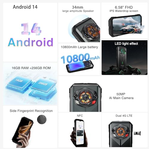 DOOGEE S Punk Rugged Smartphone Unlocked, 10800mAh Battery Rugged Phone, 16GB+256GB Cell Phone Android 14, 126dB Speaker, 6.58" FHD+90Hz,50MP+16MP,LED Light/Dual SIM/NFC/OTG/Face ID/Fingerprint, Dark