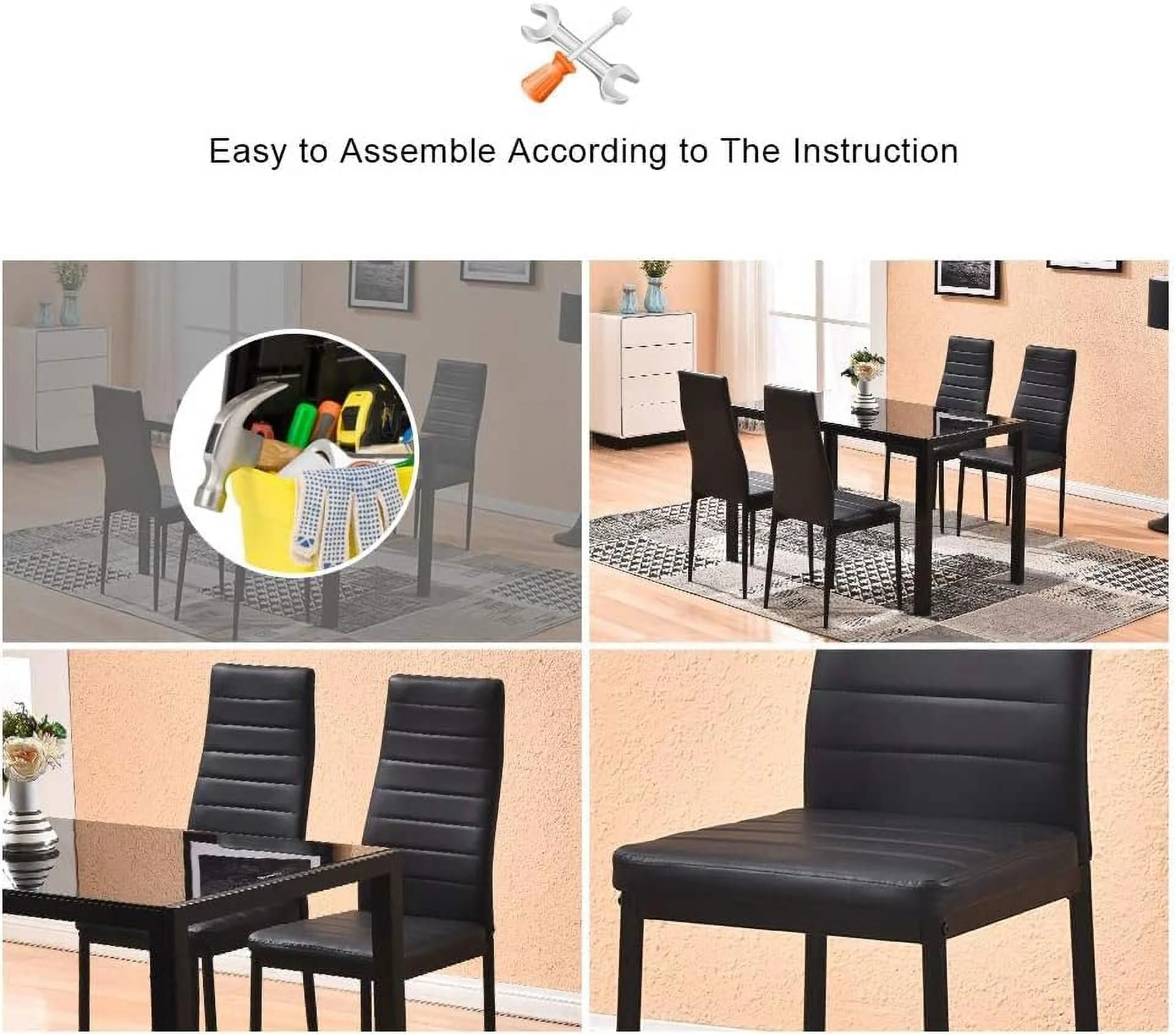 KHBIULIFE 4HOMART Yvonne&amp;F.L..M. Modern 5 Pieces Black Dining Table with Chairs for 4 People Glass Tempered Dining Table and Kitchen Chairs Set of 4 Faux Leather for Small Apartment H