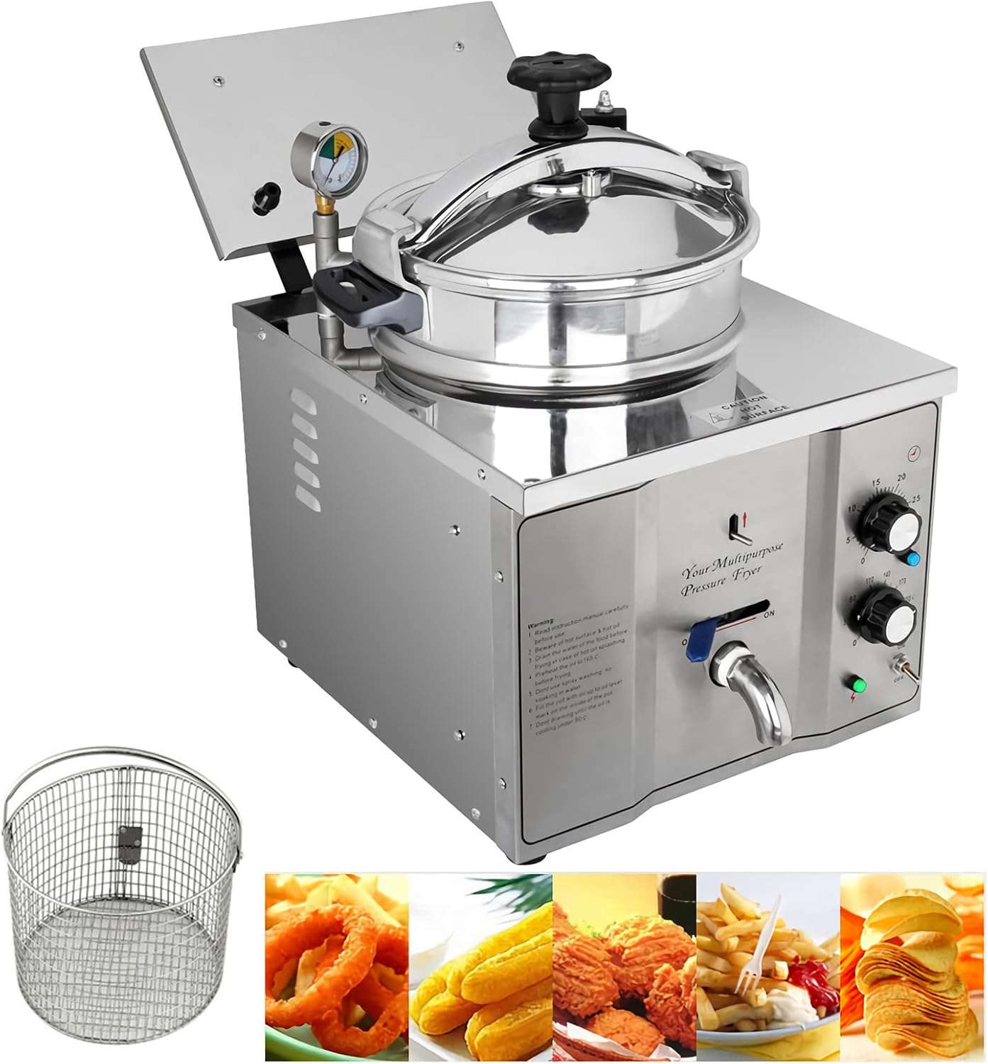 16L Commercial Electric Pressure Fryer Stainless Steel Countertop Pressure Fryer Electric Pressure Deep Fryer Cooking Professional Tabletop Restaurant Kitchen Frying Machine 110V 2.4KW