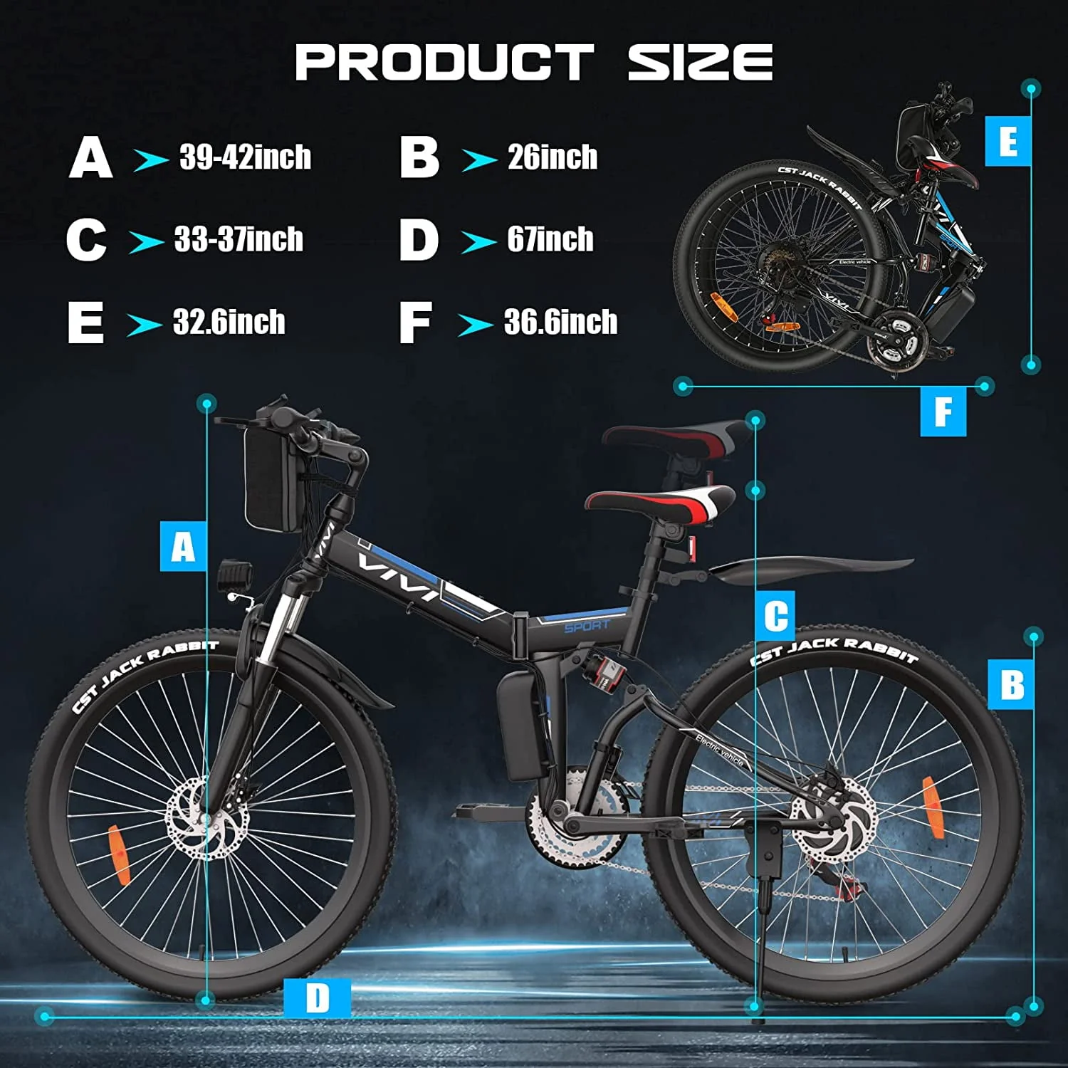 Vivi Electric Bike for Adults 26 Folding Electric Bike 500W Electric Mountain Bike 20MPH Full Suspension Electric Bike with Cruise Control Up to 50 Miles