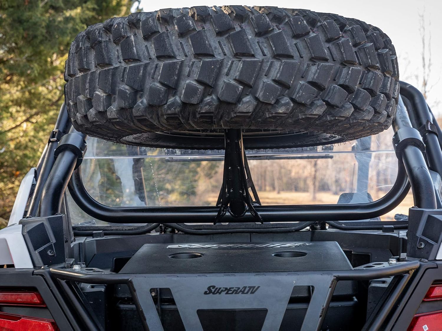 SuperATV Spare Tire Carrier for 2020+ Polaris RZR PRO XP (2-seater only) | Satin Black | Fits Up to 34” Tire with OEM Roof, 37 Tire with SuperATV Roof | Accommodates tires up to 65 pounds