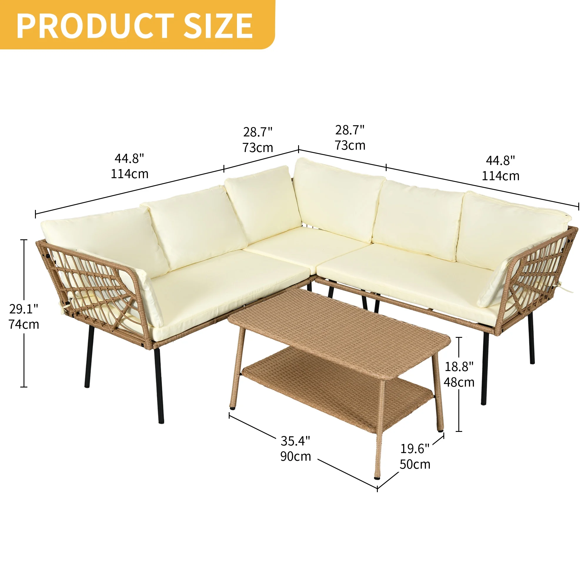 DWVO Patio Wicker Sofa set, Outdoor Boho Sectional Furniture L-Shaped Sofa with Beige Cushions and 2-tier PE Rattan Side Coffee Table - Beige