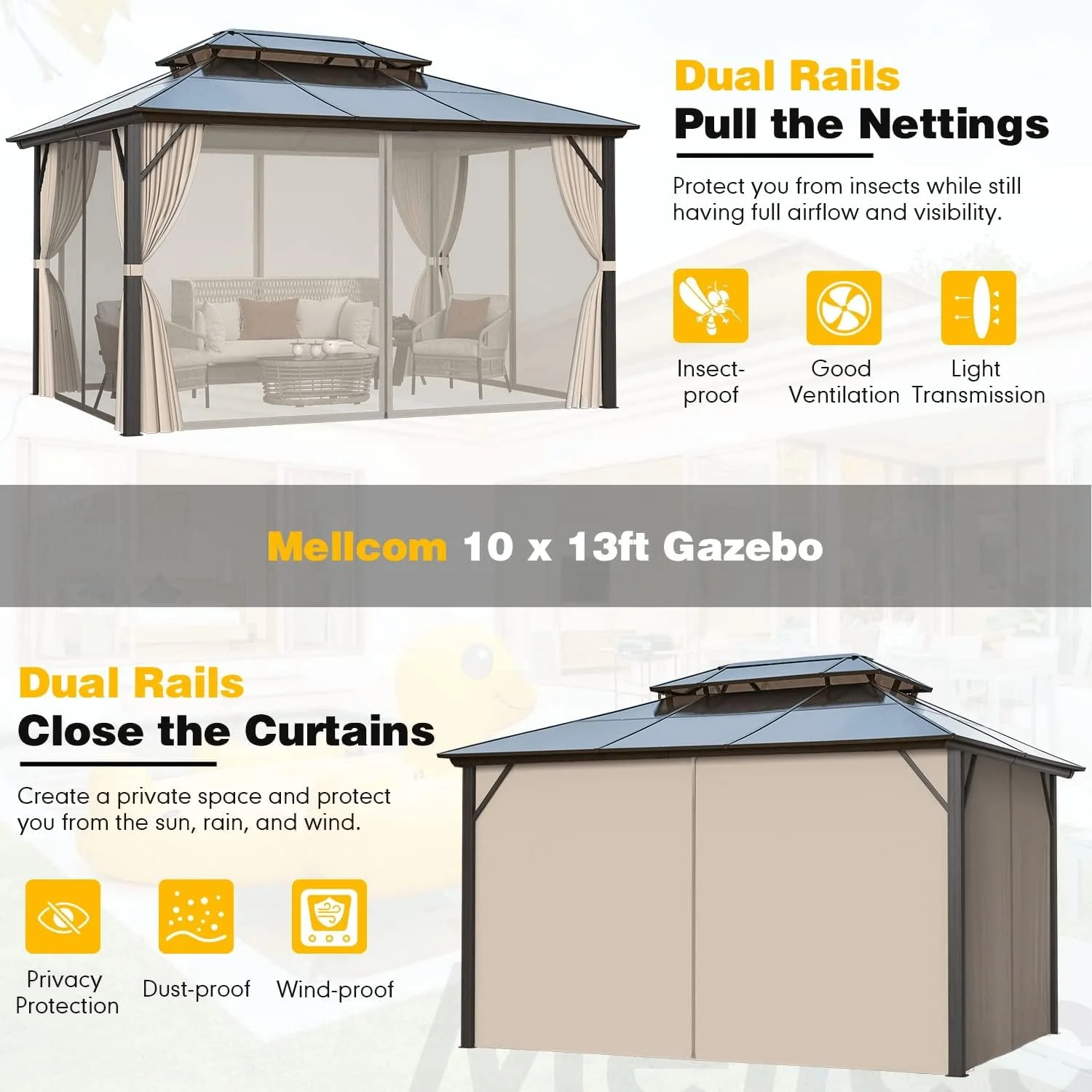Hommow 10' x 13' Outdoor Hardtop Gazebo, Sun Roof Patio Gazebo with Aluminum Frame