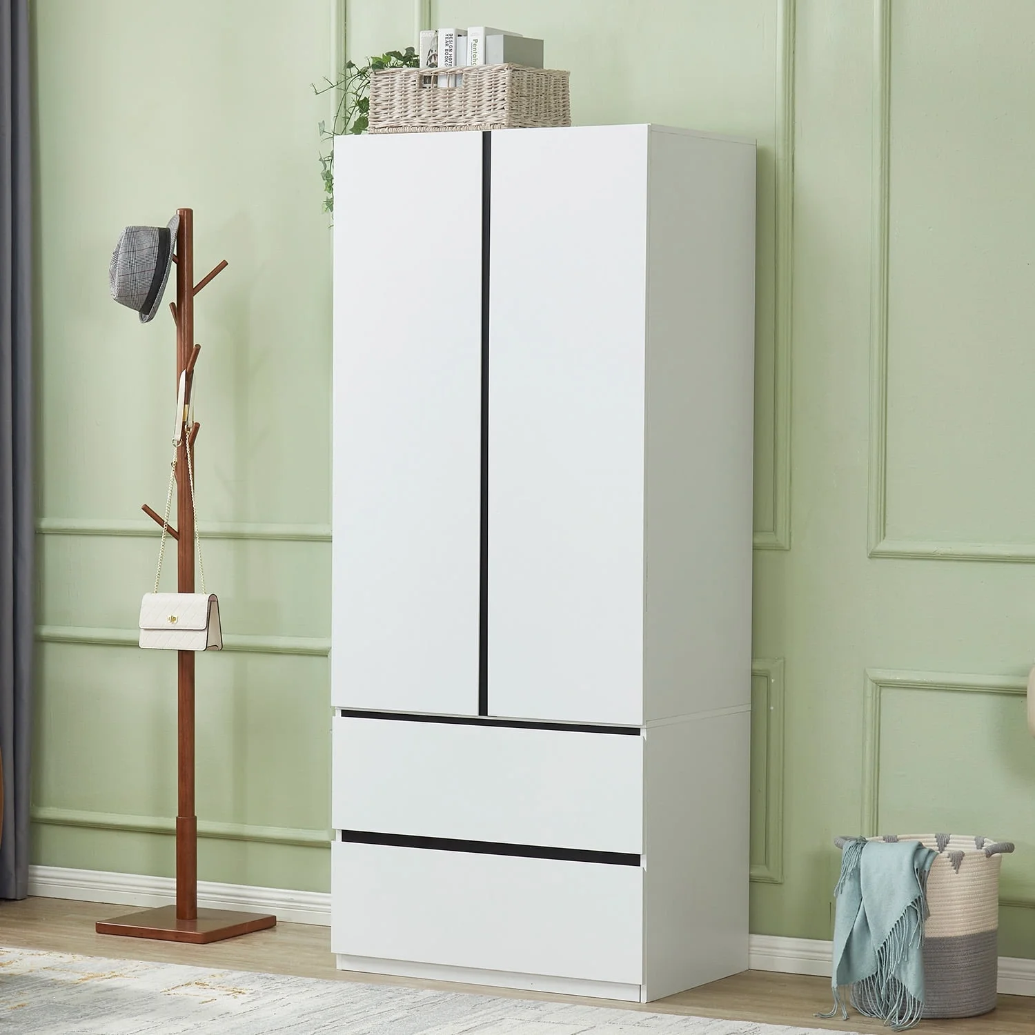 Sophshelter Wardrobe Armoire Storage Cabinet Wood: 2 Door 2 Drawers White Closet Cabinet for Large Capacity with Hanging Rod and Handles Armoire Storage Cabinet - Curated Treasures Market