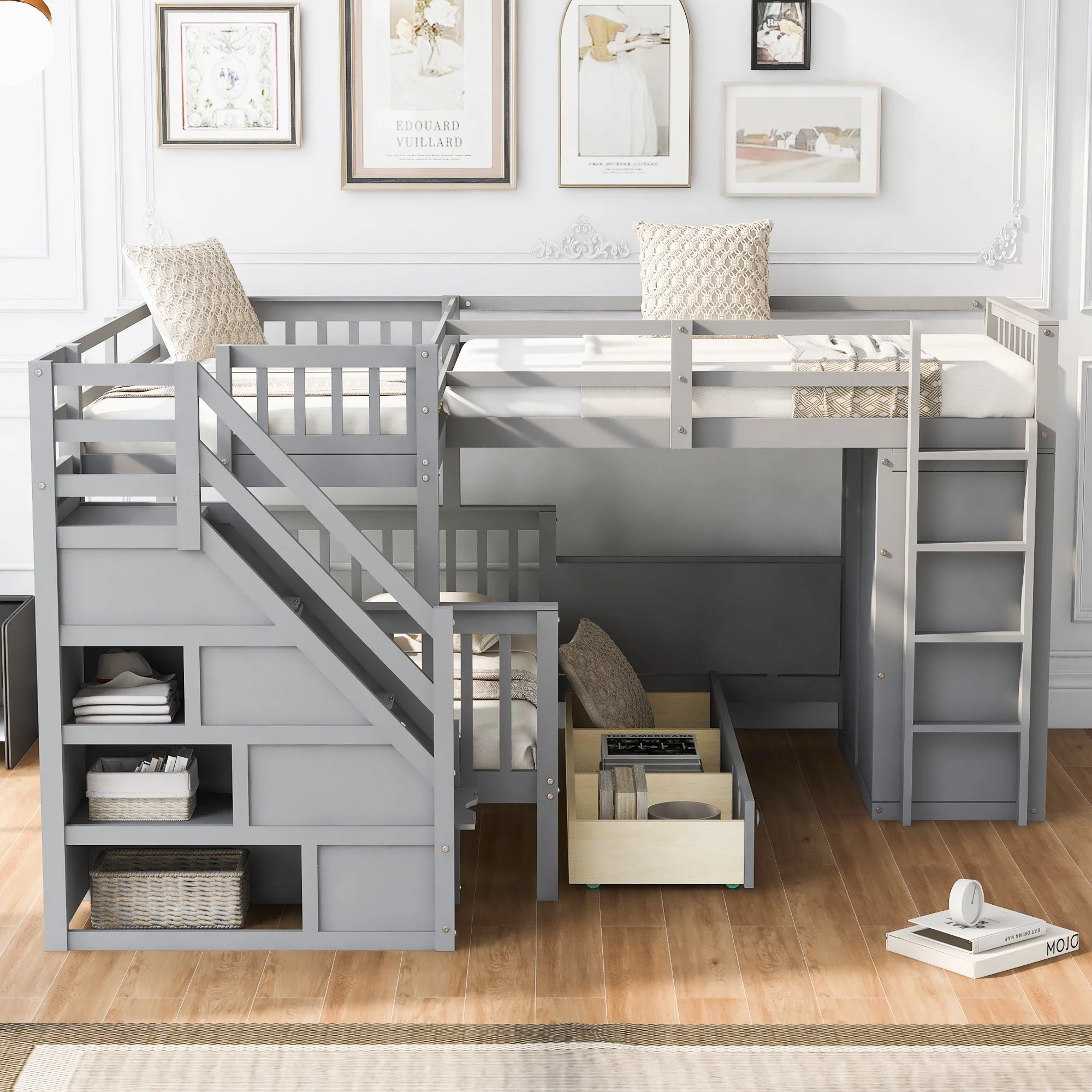 Churanty Twin-Twin Over Full L-Shaped Bunk Bed with Wardrobe Space,Solid Wood Staircase Bunk Bed with Portable Desk,Gray