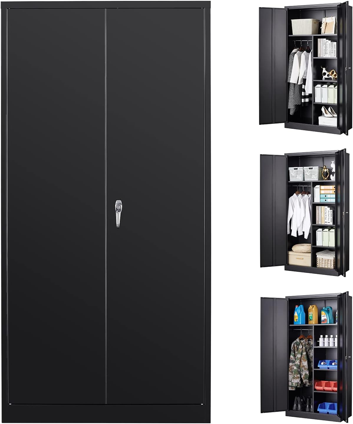 BYNSOE Metal Locker Storage Cabinets, 72” White Tall Steel Wardrobe, Employees Locker with Hanging Rod, Shelves and Lockable Doors for Home, School, Office - Assembly Required (White3)