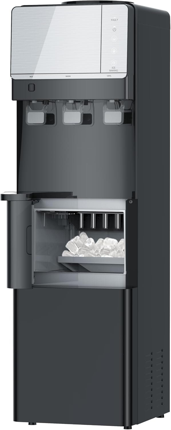 3 in 1 Water Cooler Dispenser with Ice Maker, Hot Cold Room Temp Water and Bullet Ice, Top Loading 2, 3 or 5 Gallon, 26 Lbs per 24H, Child Safety Lock, Black