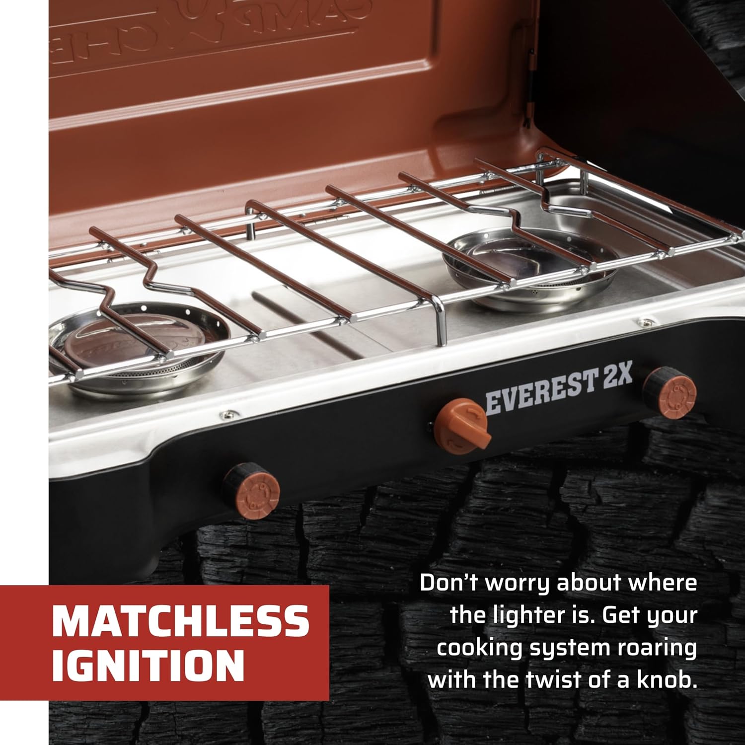 Camp Chef Mountain Series Everest 2X - High Output Two-Burner Camp Stove - Lid Doubles as Windscreen - Portable Cooking Stove - For Outdoor Cooking - 20,000 BTU Burners - 215 Sq In Cooking Area