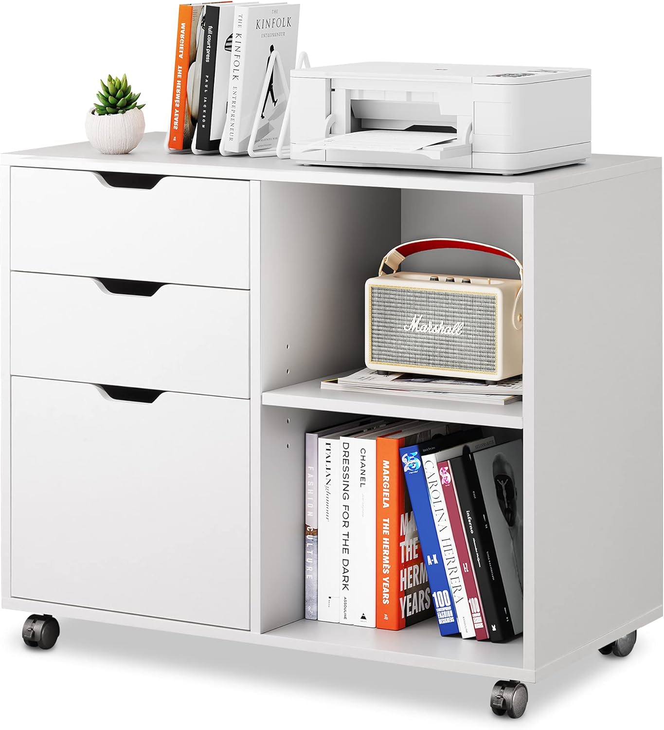 DEVAISE 3-Drawer Wood File Cabinet, Mobile Lateral Filing Cabinet, Printer Stand with Open Storage Shelves for Home Office, Black