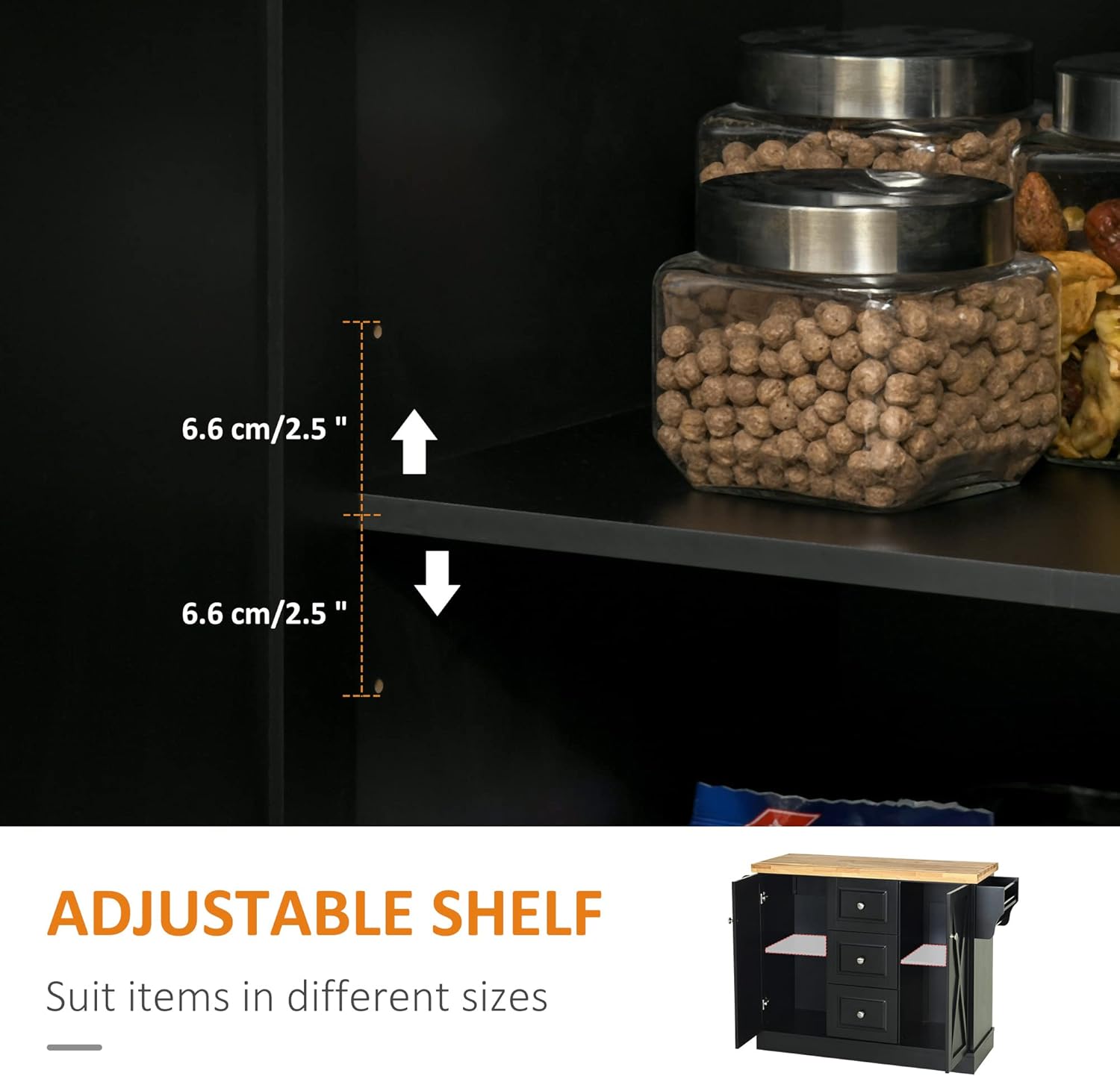 HOMCOM Rolling Kitchen Island with Storage, Kitchen Cart with Wood Top, 3 Drawers and 2 Barn Door Style Cabinet, Adjustable Shelves, Spice Rack, Black
