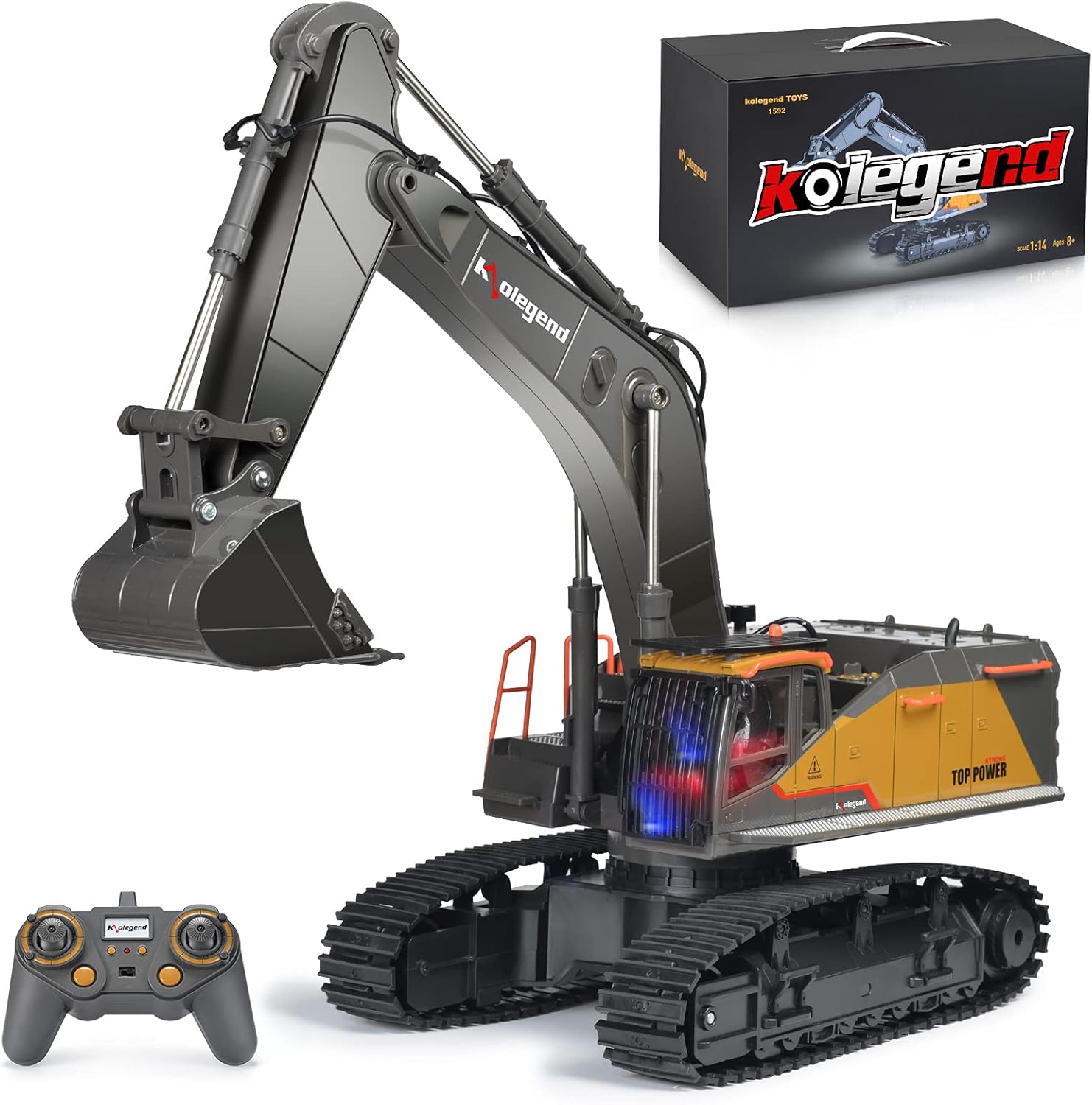 kolegend Remote Control Excavator Toy 1/14 Scale RC Excavator, 22 Channel Upgrade Full Functional Construction Vehicles Rechargeable RC Truck with Metal Shovel and Lights Sounds