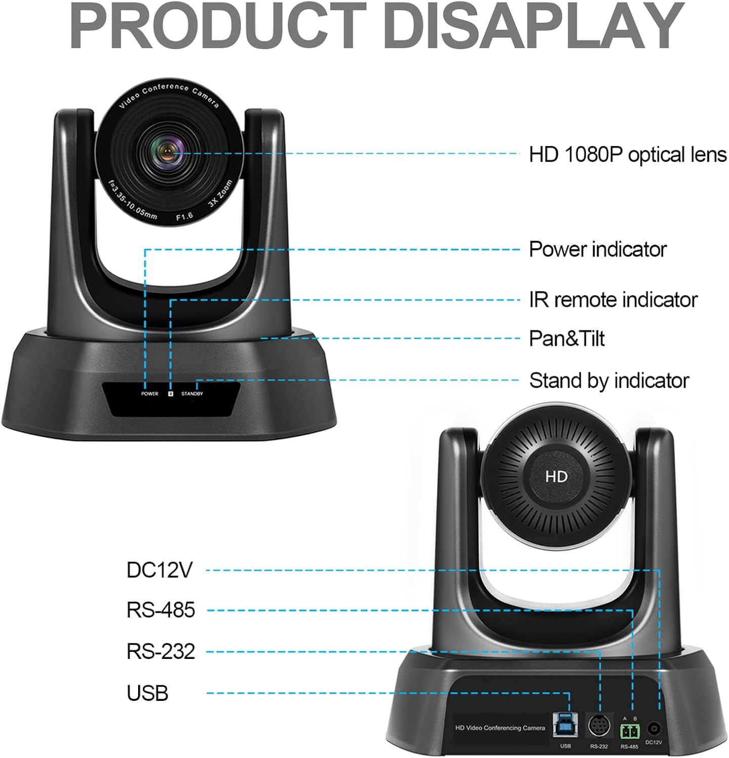 Video Conference Camera, 3X Zoom 1080P HD PTZ Camera, Wide Angle 128°Webcam USB Plug&Play with Mic and Speaker for Home Office Conference Room Church
