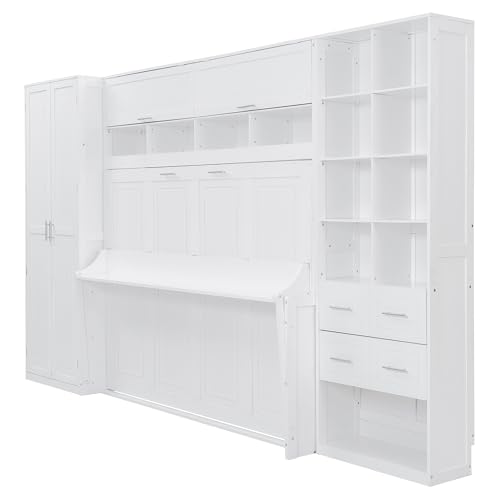 KLMM Wooden Murphy Bed Wall Bed with 2 Wardrobe and Storage Shelf,Foldable Platform Bedframe for Guest-Room Bedroom Study Office Use (White#E, Full)