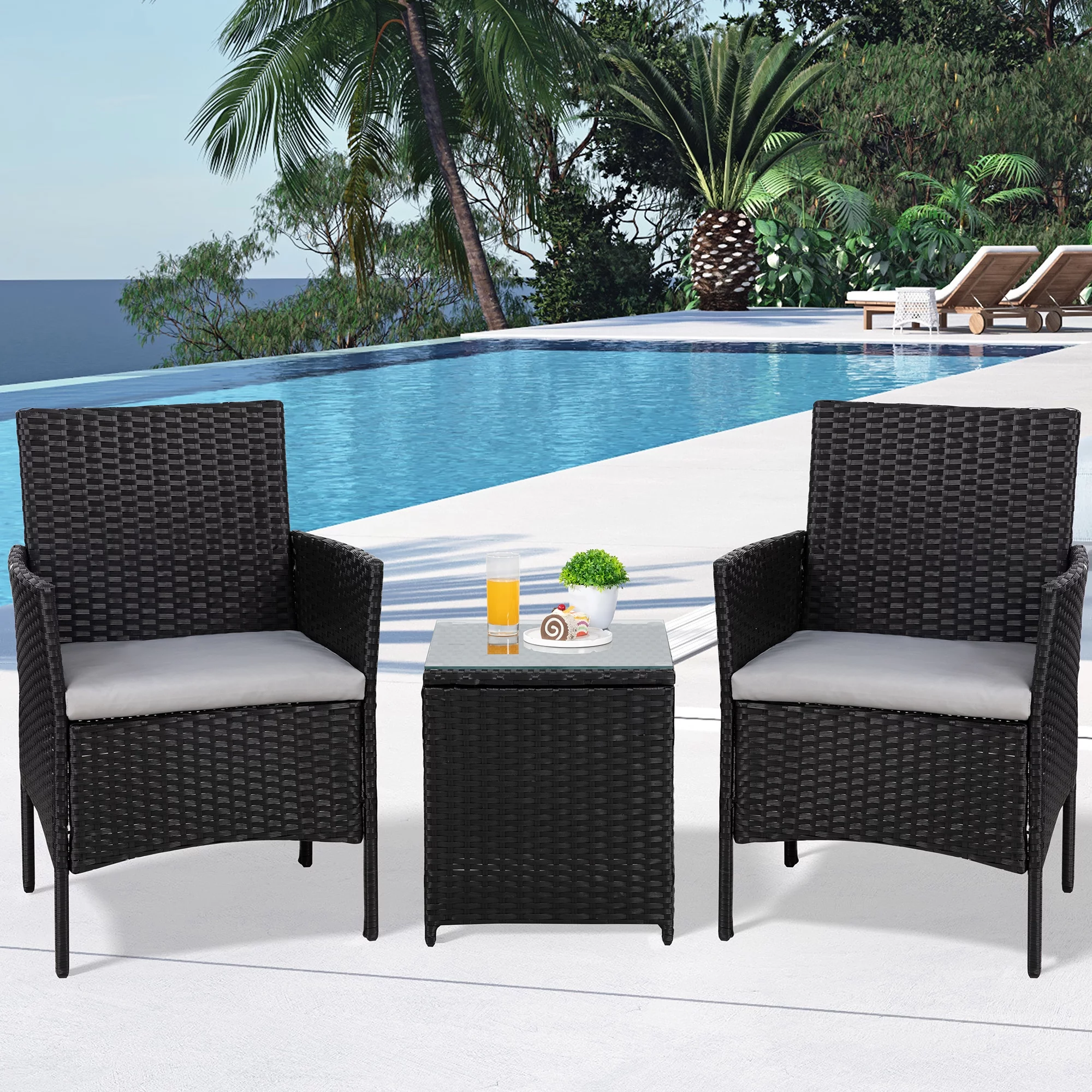 Walsunny 3 Pieces Patio Furniture Set Outdoor Wicker Conversation Bistro Set Outdoor Patio Chairs with Tempered Glass Table Beige