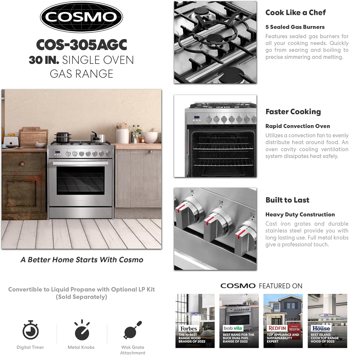 COSMO COS-305AGC 30 in. 5.0 cu. ft. Freestanding Single Oven Gas Range with 5 Burner Cooktop and Heavy Duty Cast Iron Grates in Stainless Steel