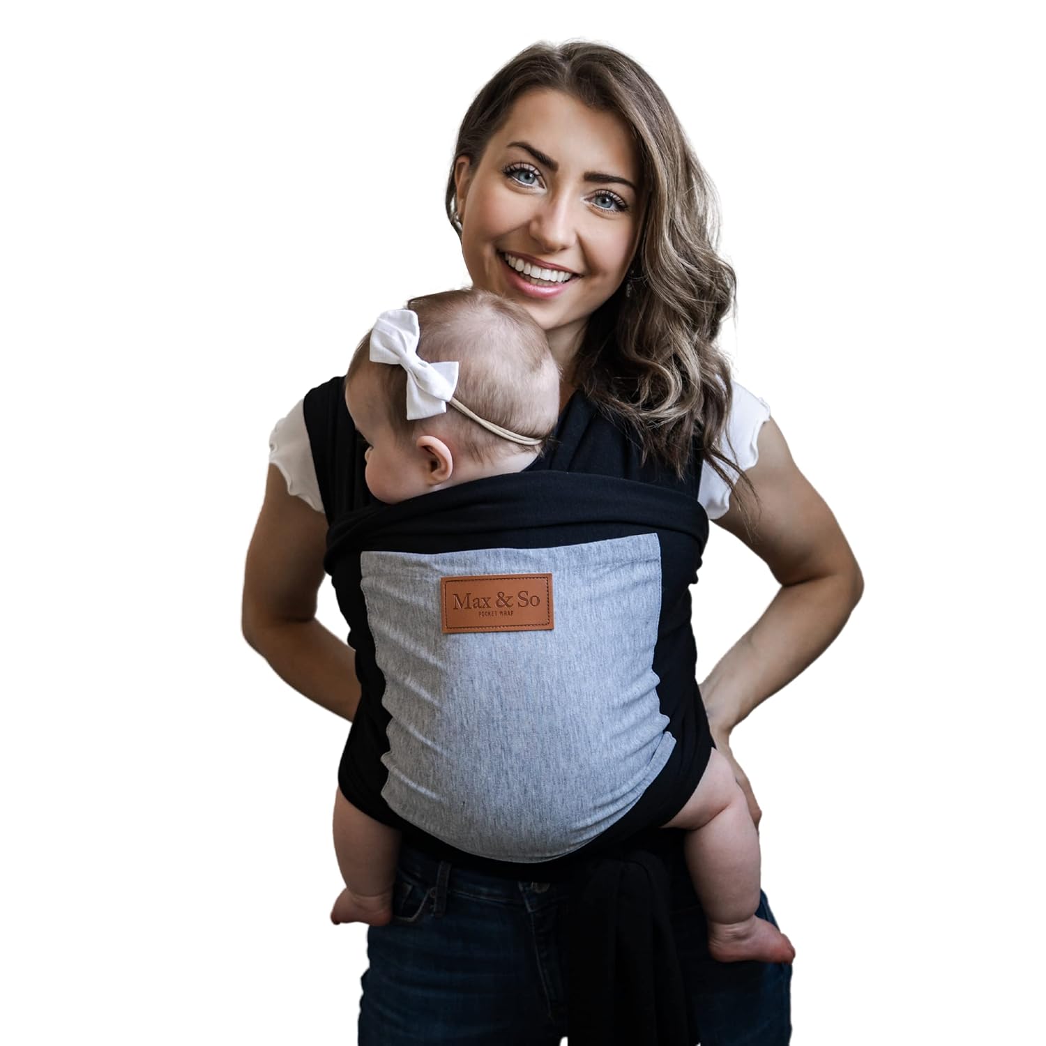 Baby Wrap Carrier with Front Pocket - Premium Cotton Baby Sling - One Size Fits All - Baby Carriers for Newborn, Infant - Soft Baby Wearing Carriers to Keeps Your Child Close for Bonding (Black-Gray)