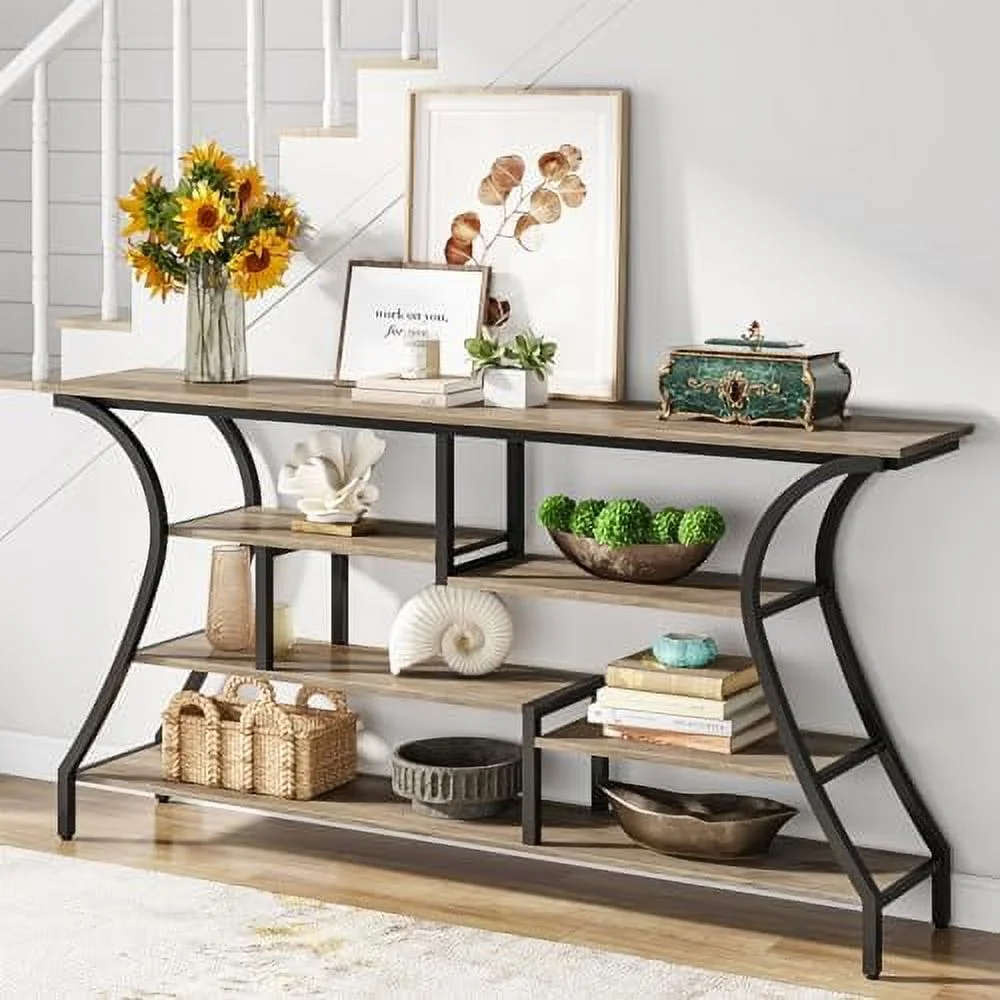 FDIGLUL 70.9 Inch Extra Long Console Table  Industrial Narrow Sofa Table with  Shelves  4 Tier Entryway Table Behind Couch for Hallway Foyer Living Room (Grey) - Curated Treasures Market