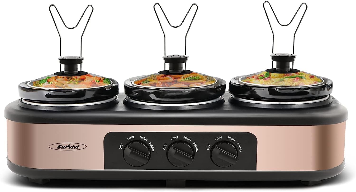 Slow Cooker, Dual Slow Cooker Black and Copper Triple Slow Cooker Buffet Server Multiple Pot Food Warmer, Slow Cooker Buffet Food Warmer Adjustable Temp Lid Rests Stainless Steel