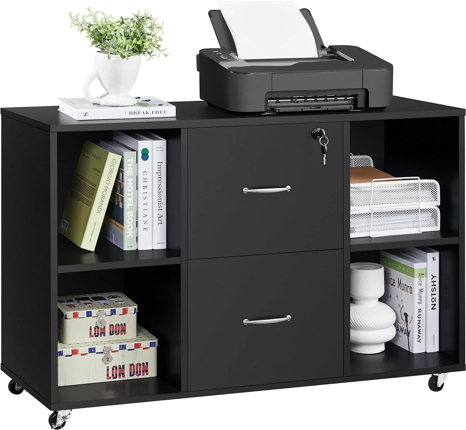 Black Filing Cabinet Large Mobile Storage Lateral Filing Cabinet with 2 Drawer and 4 Open Compartments,for Letter Size A4 Size, Printer Stand for Home Office, Black - Curated Treasures Market