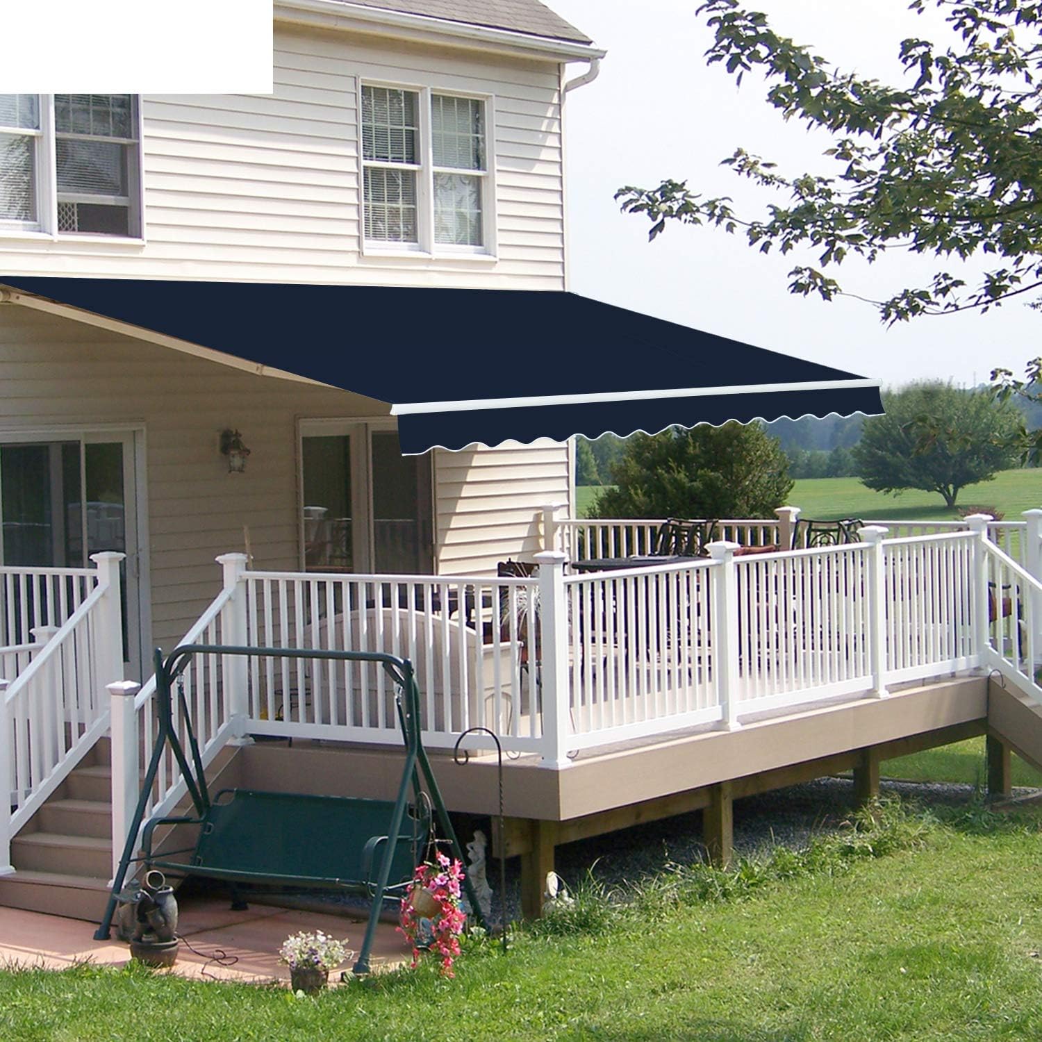 Diensweek Patio Awning Retractable Fully Assembled 12'x8', Manual Commercial Grade Awnings - Quality 100% 280G Ployester Window Door Sunshade Shelter - Deck Canopy Balcony P100 Series ( Navy Blue)