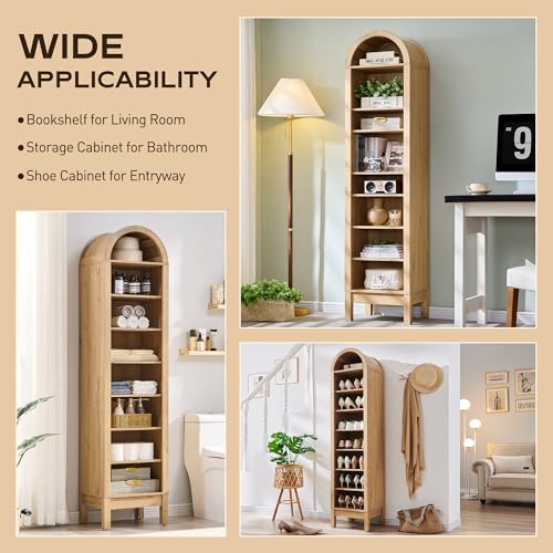 71" Tall Arched Bookshelf, 7 Tiers Arch Bookcase with Storage, Modern Farmhouse Book Shelf with Adjustable Shelves, Wood Bookshelf w/Open Display Shelves for Living Room, Office (Natural)