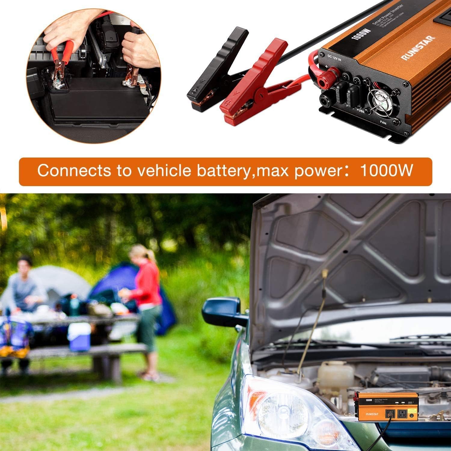 1000W Power Inverter DC 12V to 110V AC Car Inverter with Dual AC Outlets 2.4A USB and Dual 12V Car Cigarette Lighter Modified Wave Inverter Pack of 2