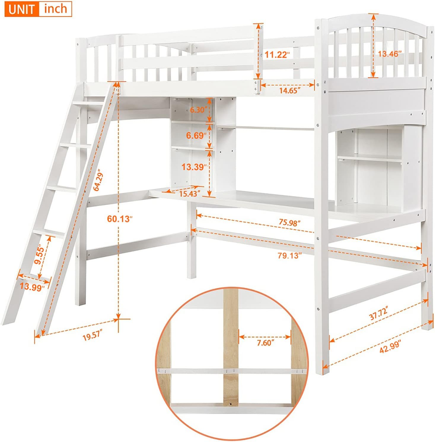 Kids Loft Beds, Twin Loft Bed with Desk, Wood High Loft Bed with Bookcase Shelves for Dorm, Boys & Girls Teens Adults, White