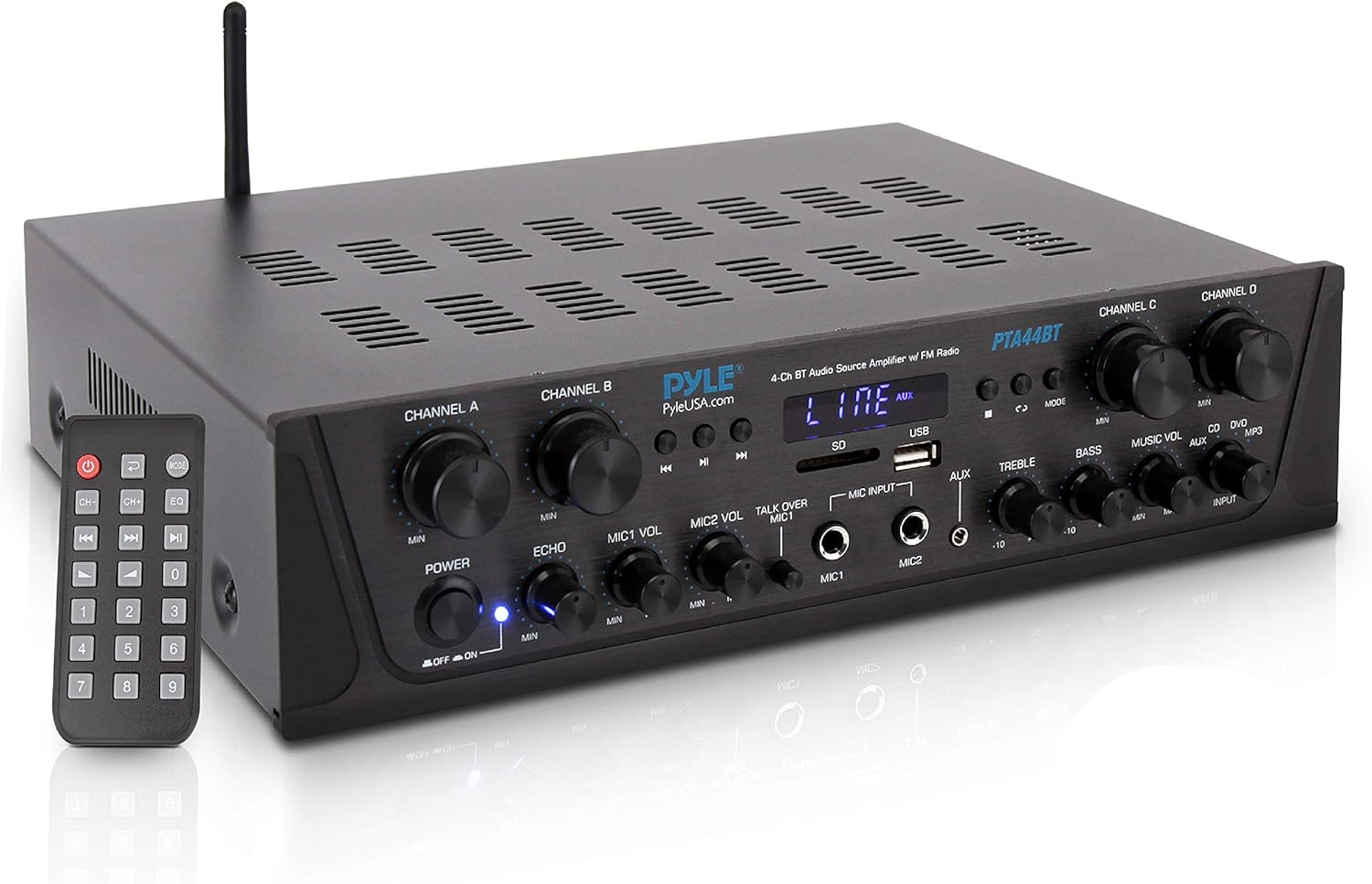 500W Karaoke Wireless Bluetooth Amplifier - 4 Channel Stereo Audio Home Theater Speaker Sound Power Receiver with AUX IN, FM, RCA Subwoofer Speakers OUT, USB, Microphone IN with Echo - Pyle PTA44BT