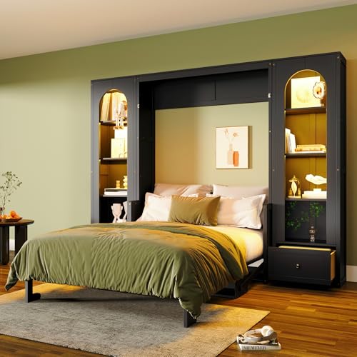 KLMM Wooden Murphy Bed Wall Bed with 2 Wardrobe and Storage Shelf,Foldable Platform Bedframe for Guest-Room Bedroom Study Office Use (White#E, Full)