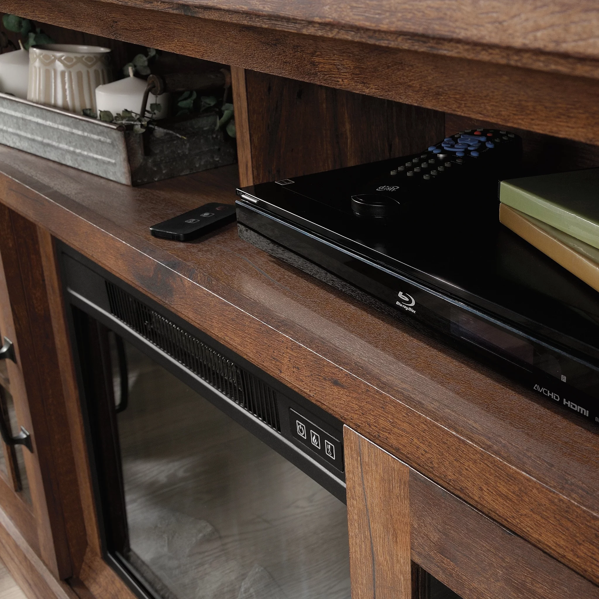 Sauder Rustic Fireplace TV Stand for TVs up to 50", Vintage Oak Finish