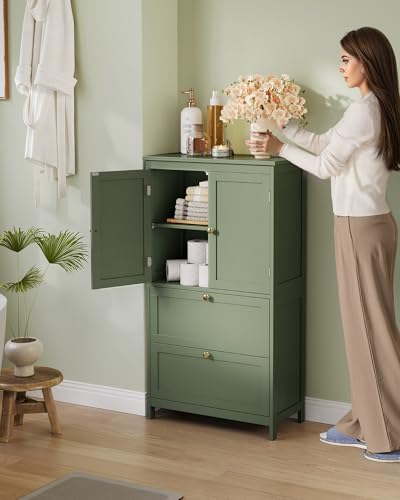 VASAGLE Bathroom Floor Storage Cabinet, Bathroom Storage Unit, Freestanding Cabinet with 4 Doors, Adjustable Shelves, 11.8 x 23.6 x 43.3 Inches, Forest Green UBBC552C01