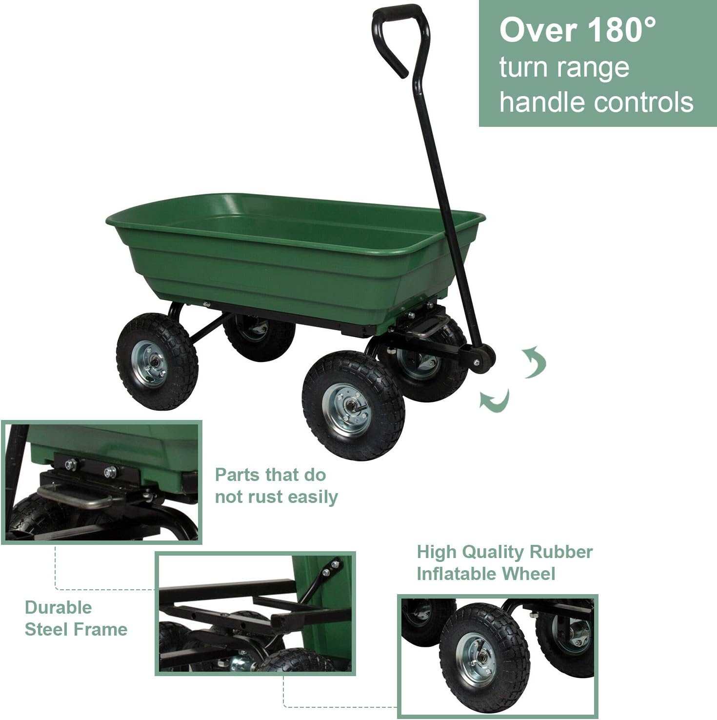Kintness Garden Dump Cart Utility Yard Outdoor Wagon Carrier Trolley Tool with Steel Frame and Pneumatic Tires 600-Pound Capacity Green