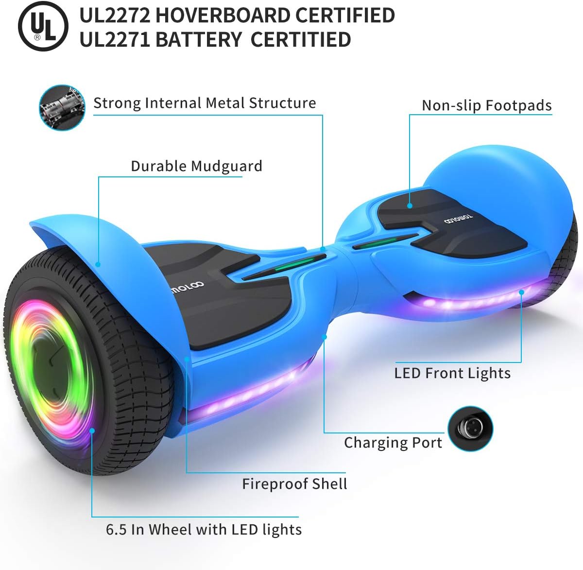 TOMOLOO Hoverboard with Bluetooth and Lights of Music Rhythmed, Solid Rubber Tires Hover Board with UL2272 Certified, 6.5 Inch Two-Wheel Hoverboard for Adults and Kids