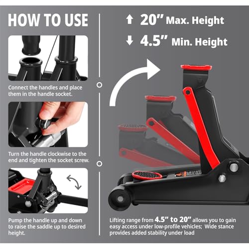 DNA MOTORING Floor Jack 3 Ton (6000 lbs) Capacity, Fast Lift Service Jack Low Profile Steel Heavy Duty Hydraulic Car Jack, Lifting Range 3"-20", Black, TOOLS-00475-BK