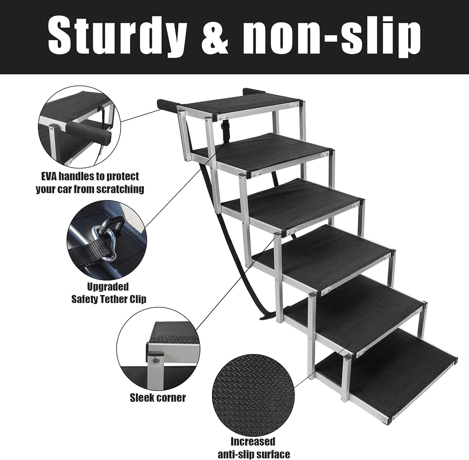 maxpama Folding Dog Car Ramp with Portable Aluminum Fram for Large Dog, Foldable Pet Step Stairs with Nonslip Surface for High Beds, Trucks, Cars and SUV, Lightweight Pet Ladder Support 150-200 Lbs