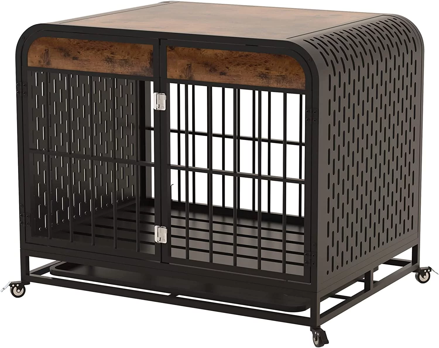 Heavy Duty Dog Crate Large Dog Cage with Wide Tabletop, 33" Strong Wooden Furniture Style Dog Crate Kennel Indoor Decor Pet House with Removable Trays and Lockable Wheels, for Small Dogs, Brown - Curated Treasures Market