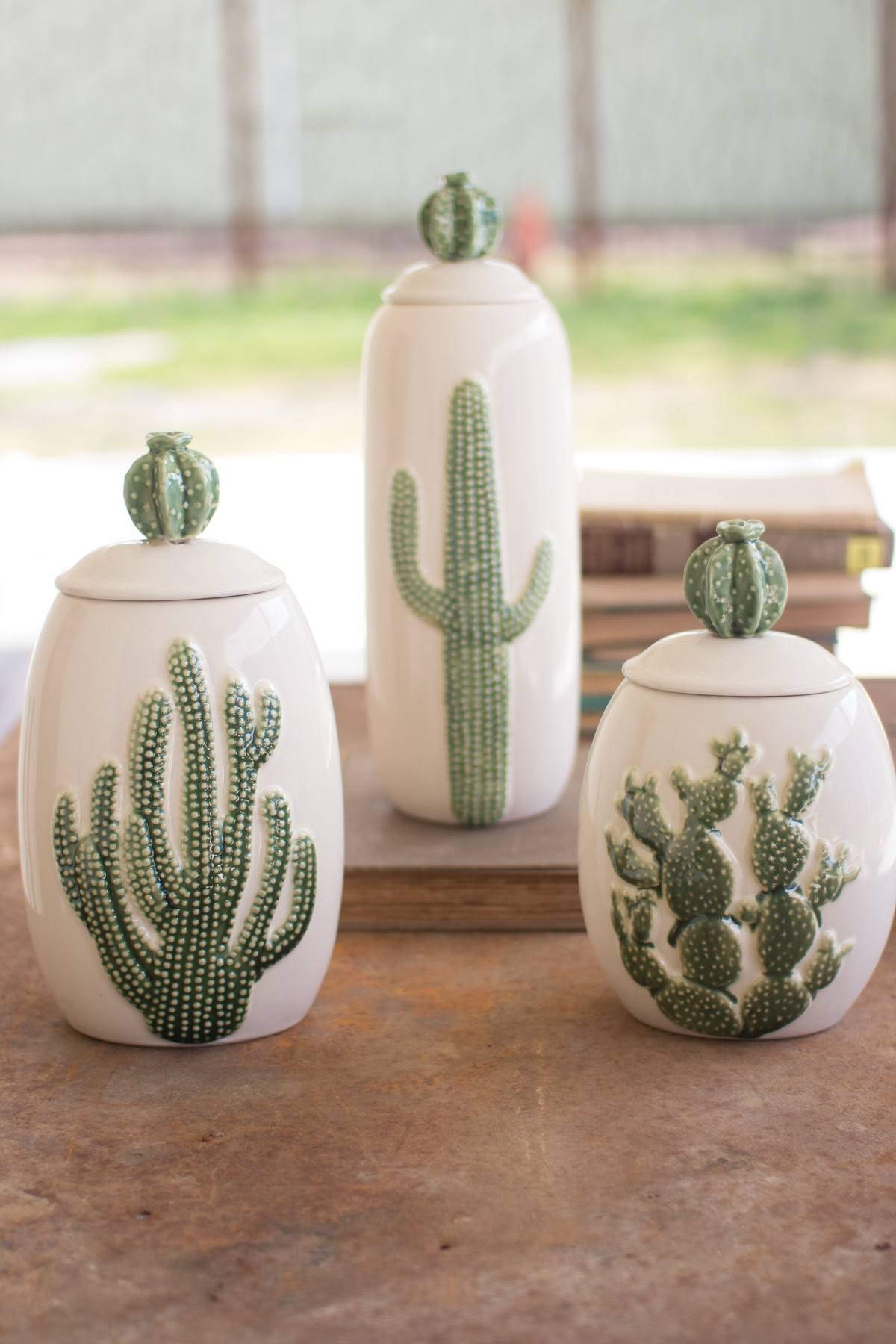 Kalalou Set of 3 Ceramic Cactus Canisters